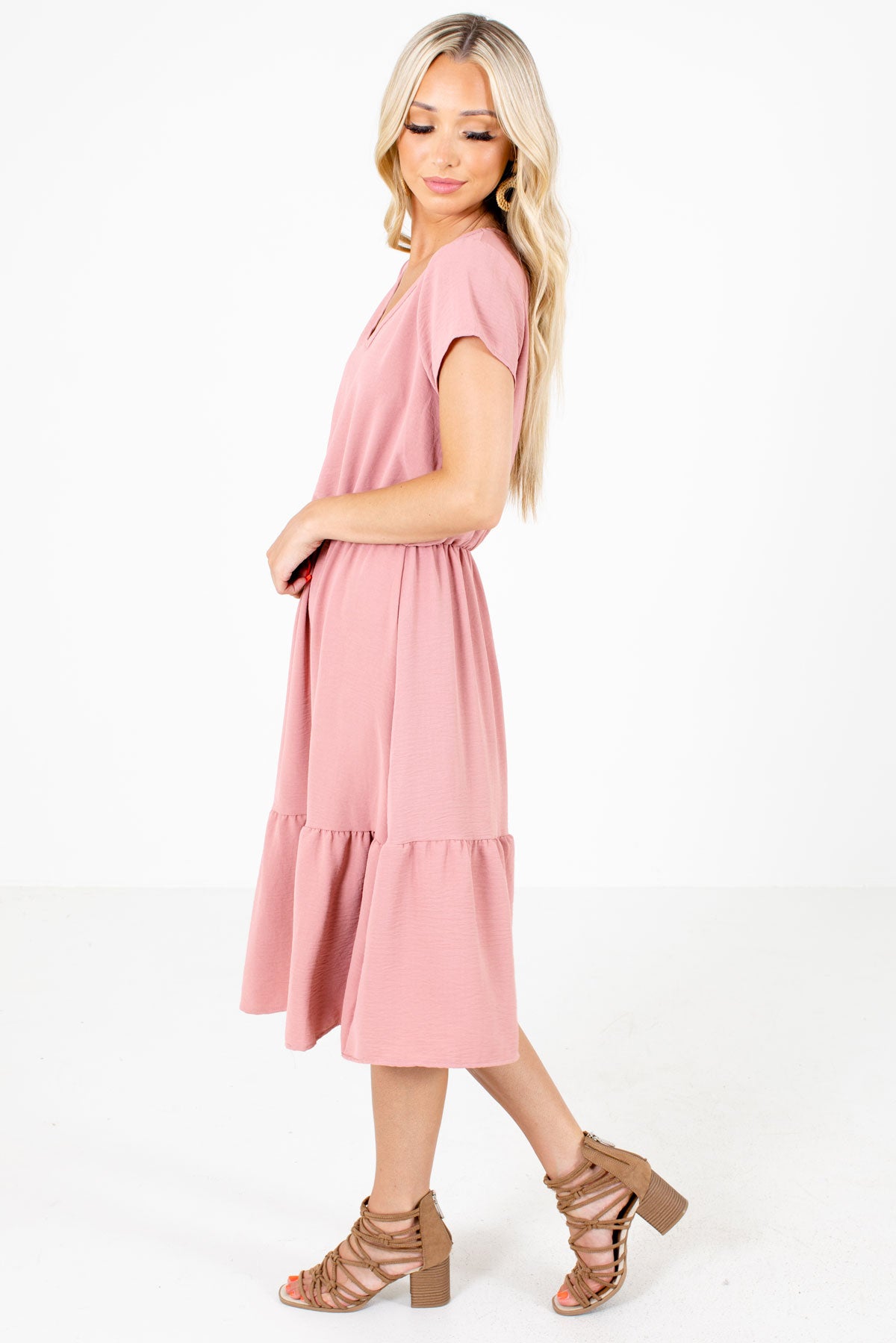 Pink Ruffled Hem Boutique Midi Dresses for Women