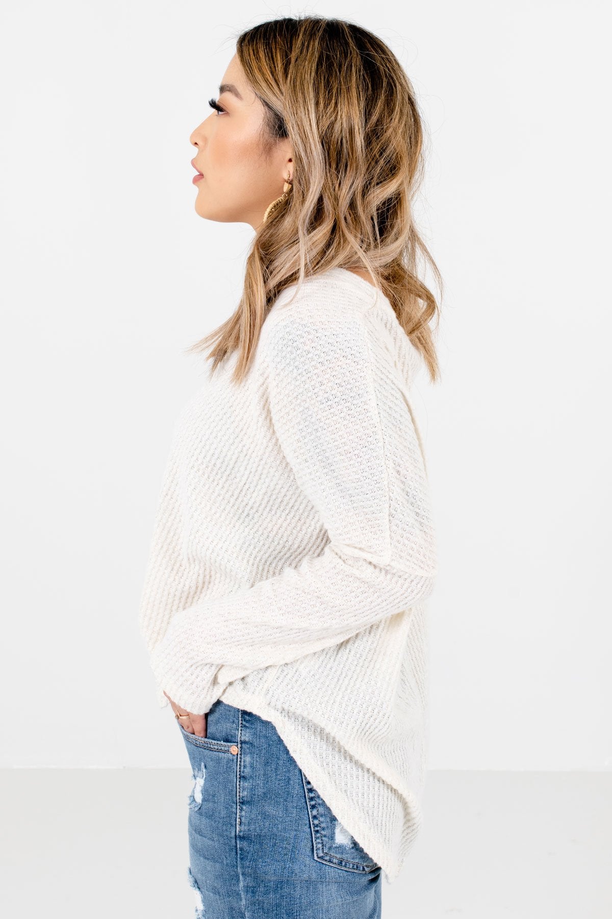 Cream Long Sleeve Boutique Tops for Women