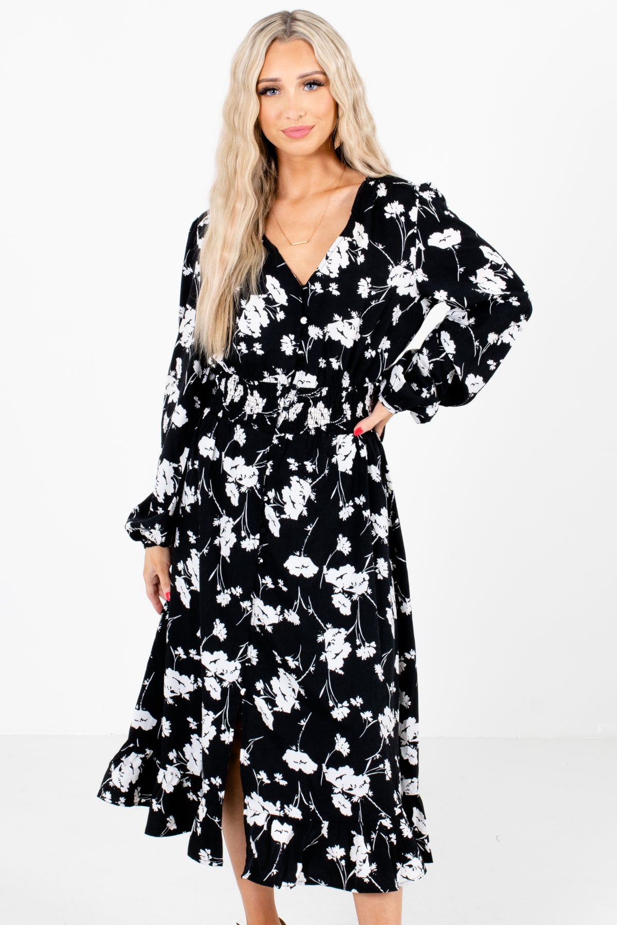 Black and White Floral Patterned Boutique Midi Dresses for Women