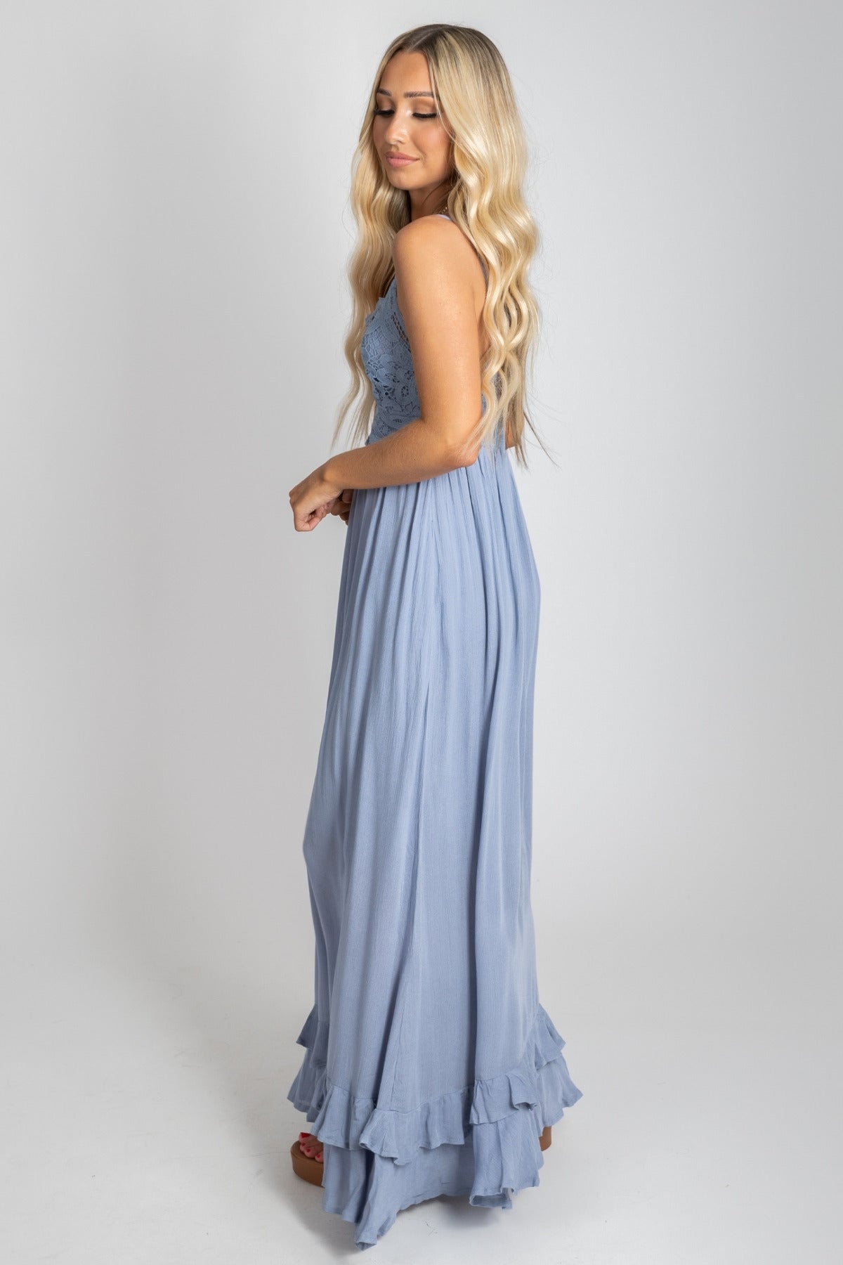 Spaghetti Strap Long Dress with Lace Bodice in Blue