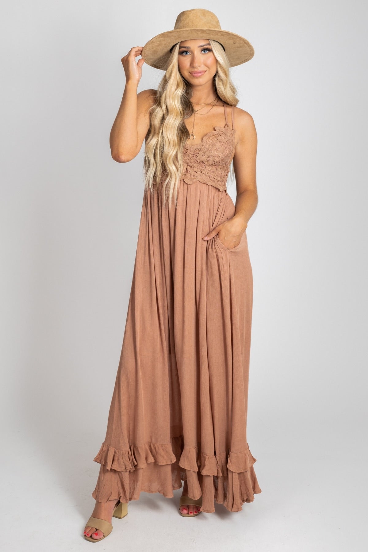 Long Dress with Lace Bodice and Pockets in Dusty Orange for Women