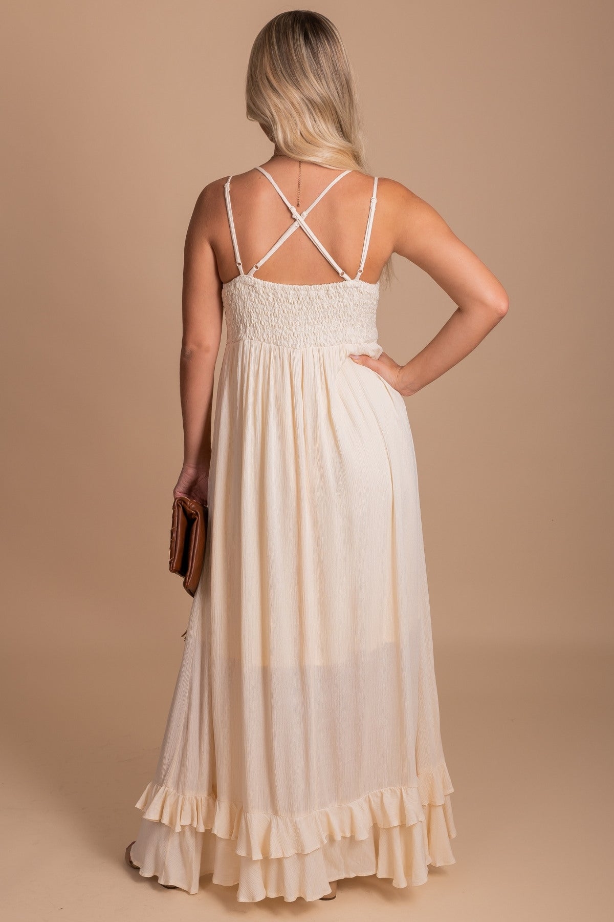Long Dress with Criss Cross Straps in Cream for Women