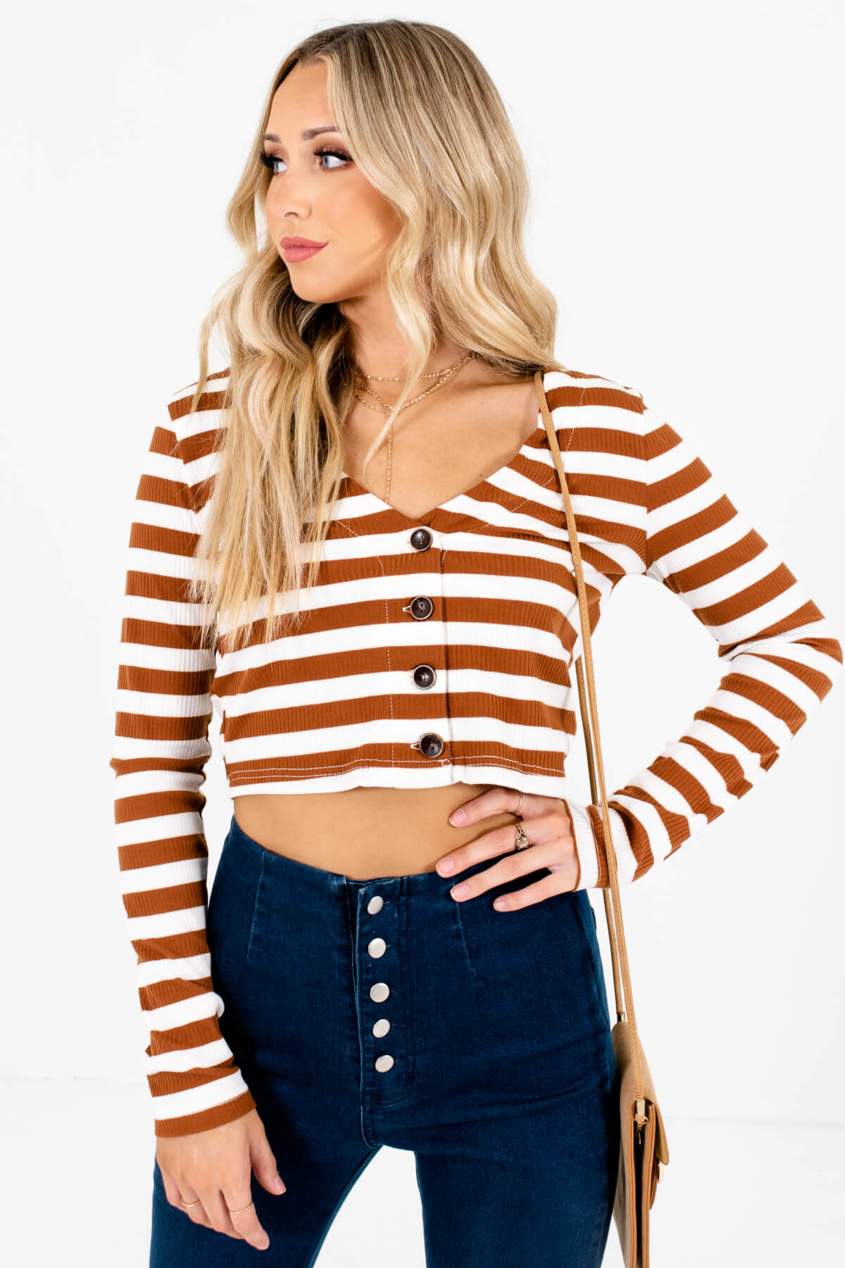 Rust Brown and White Striped Boutique Crop Tops for Women