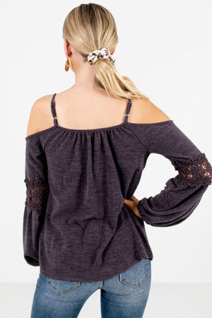 Women’s Charcoal Gray Crochet Detailed Boutique Tops