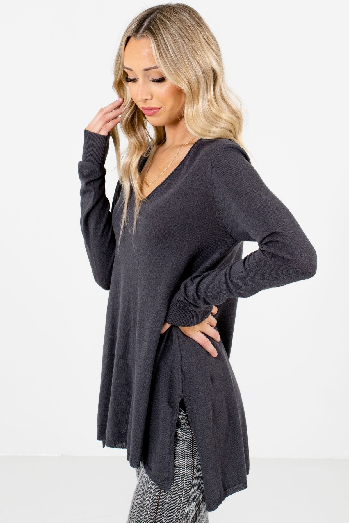Charcoal Gray V-Neckline Boutique Sweaters for Women