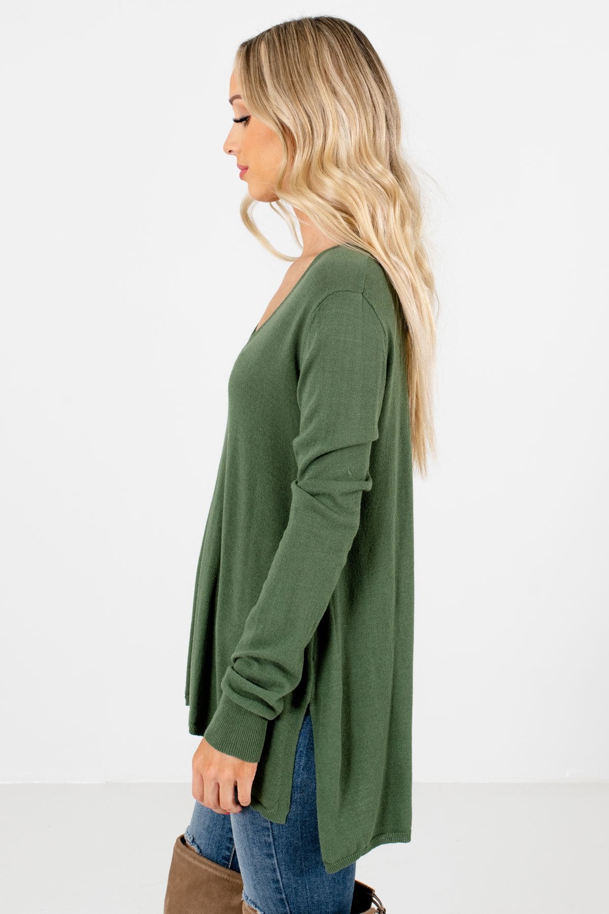 Olive Green V-Neckline Boutique Sweaters for Women