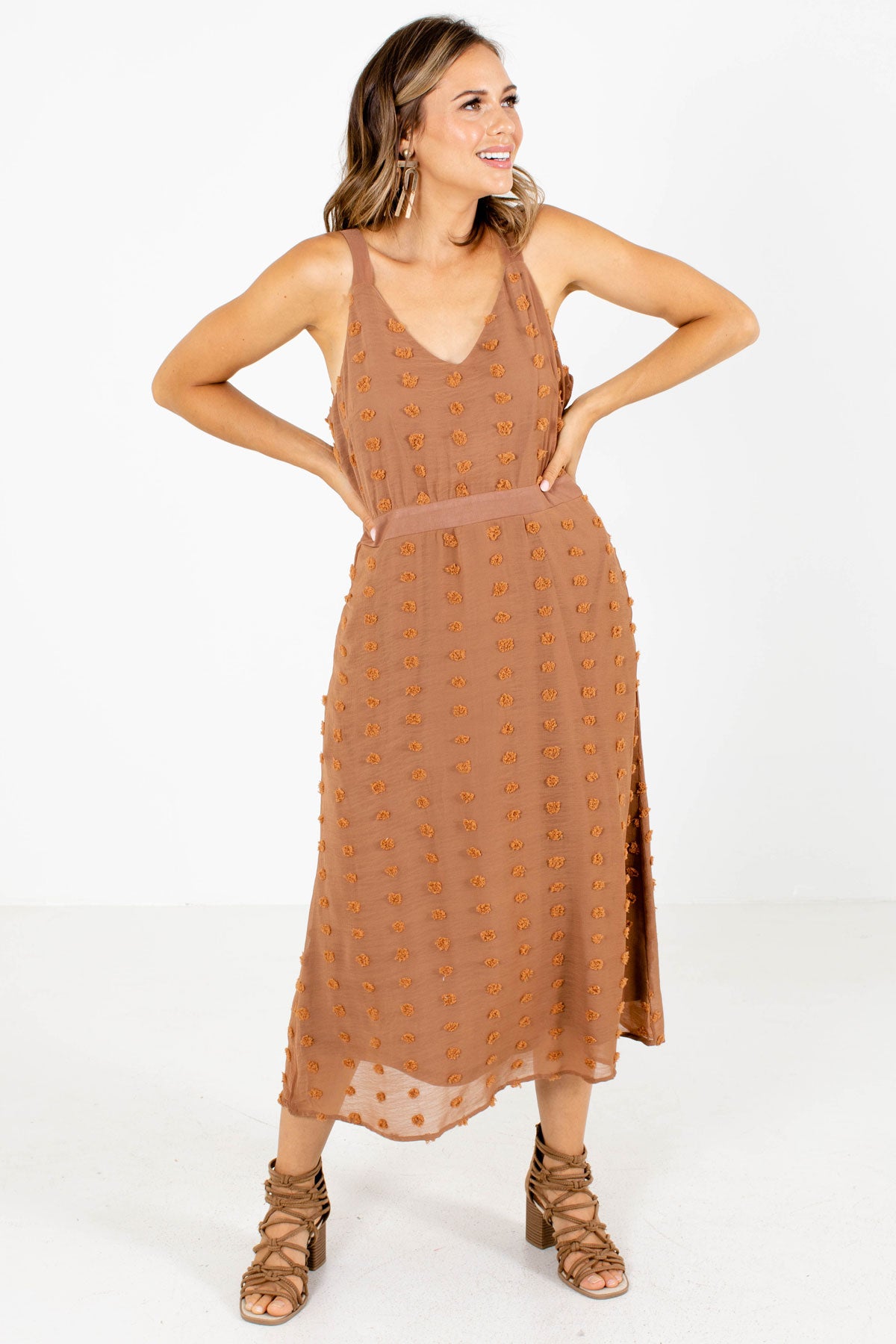 Brown Swiss Dot Material Boutique Midi Dresses for Women