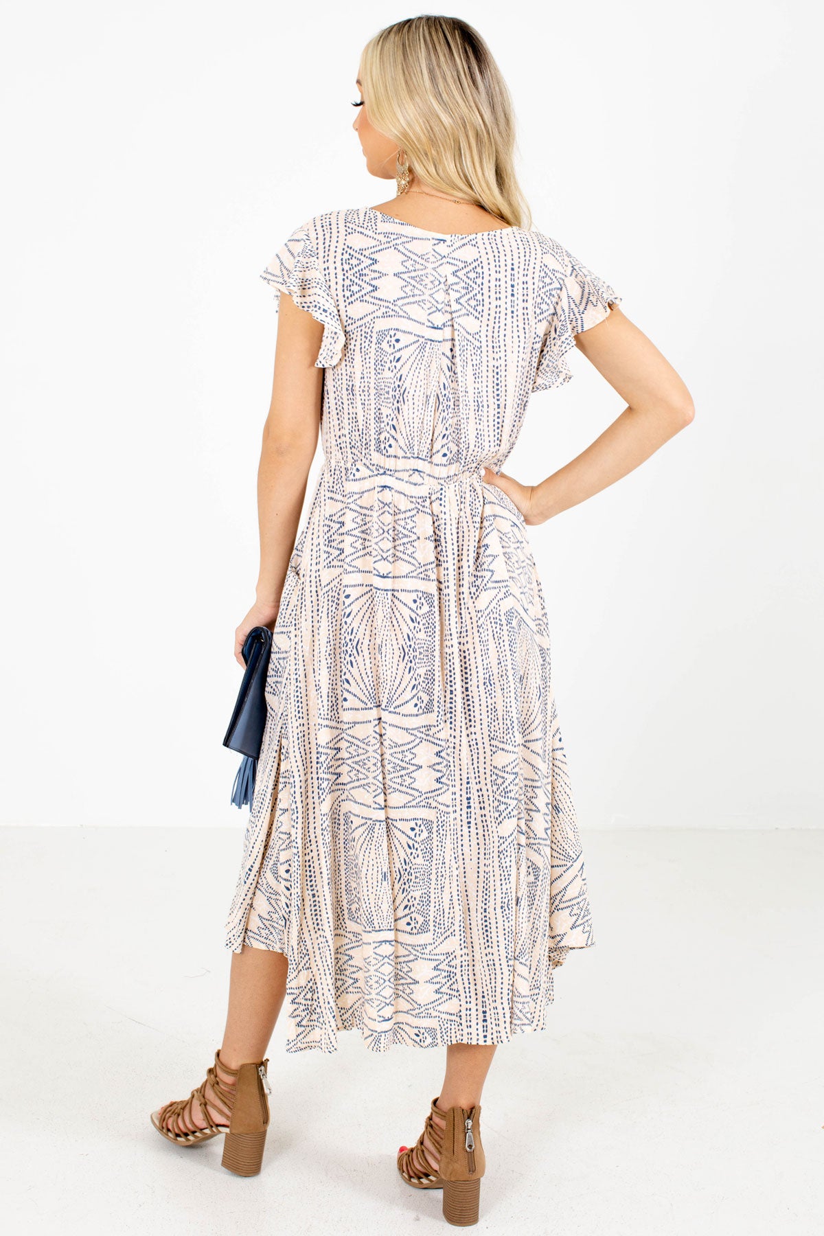 Patterned midi dress in blue and tan for women