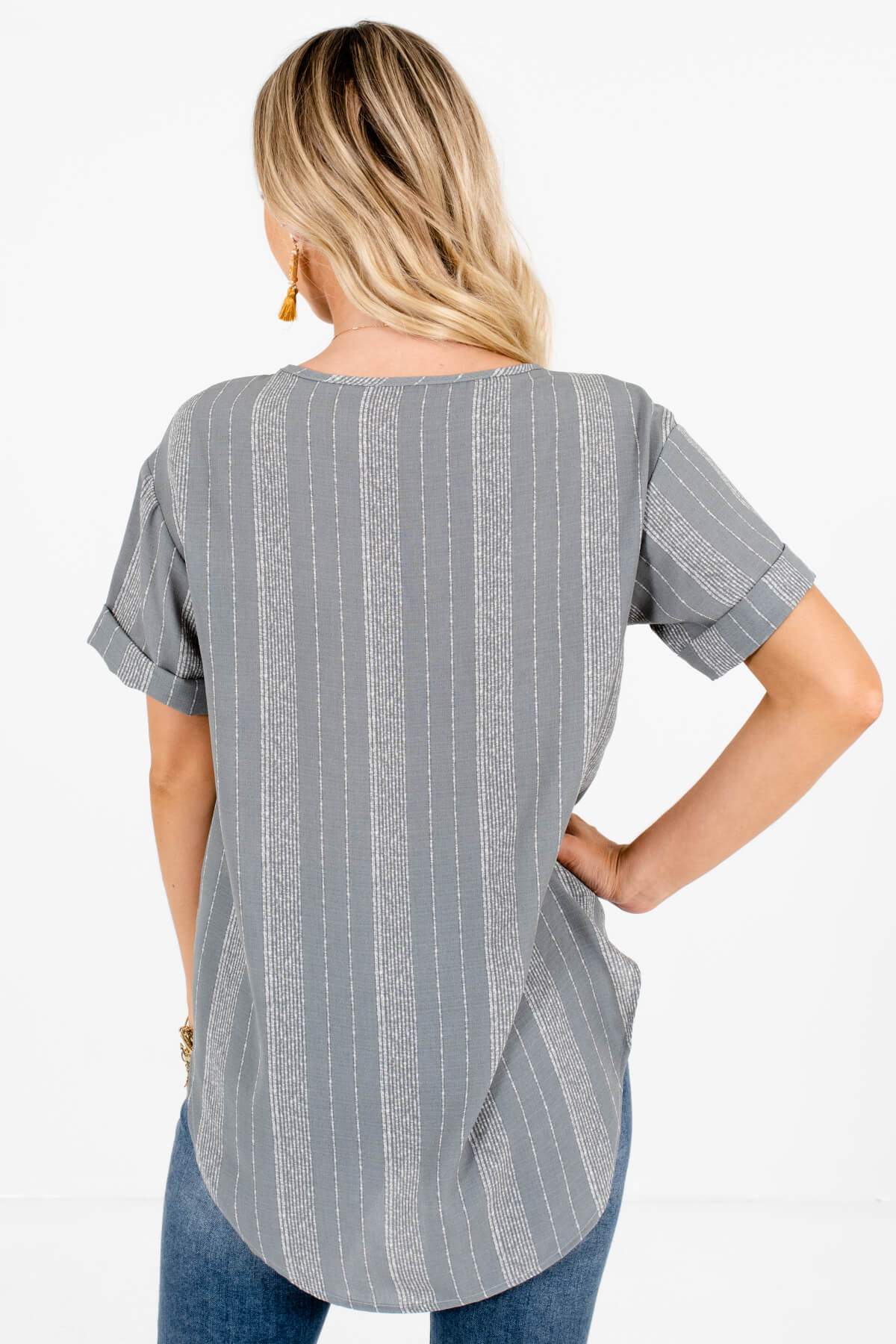 Women's Light Slate Blue Cuffed Sleeve Boutique Tops