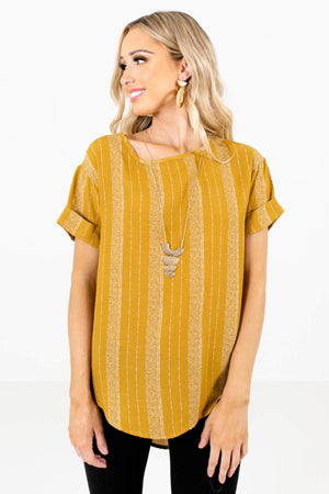 Mustard Yellow and White Stripe Patterned Boutique Tops for Women