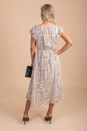 Women's Tan Faux Wrap Bodice Boutique Midi Dress