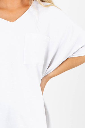 V Neck with Pocket Top for Women in White