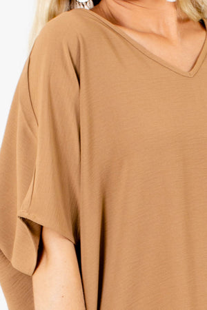 Oversized V Neck Top for Women in Camel Brown