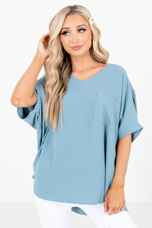 Blue V-Neckline Boutique Blouses for Women