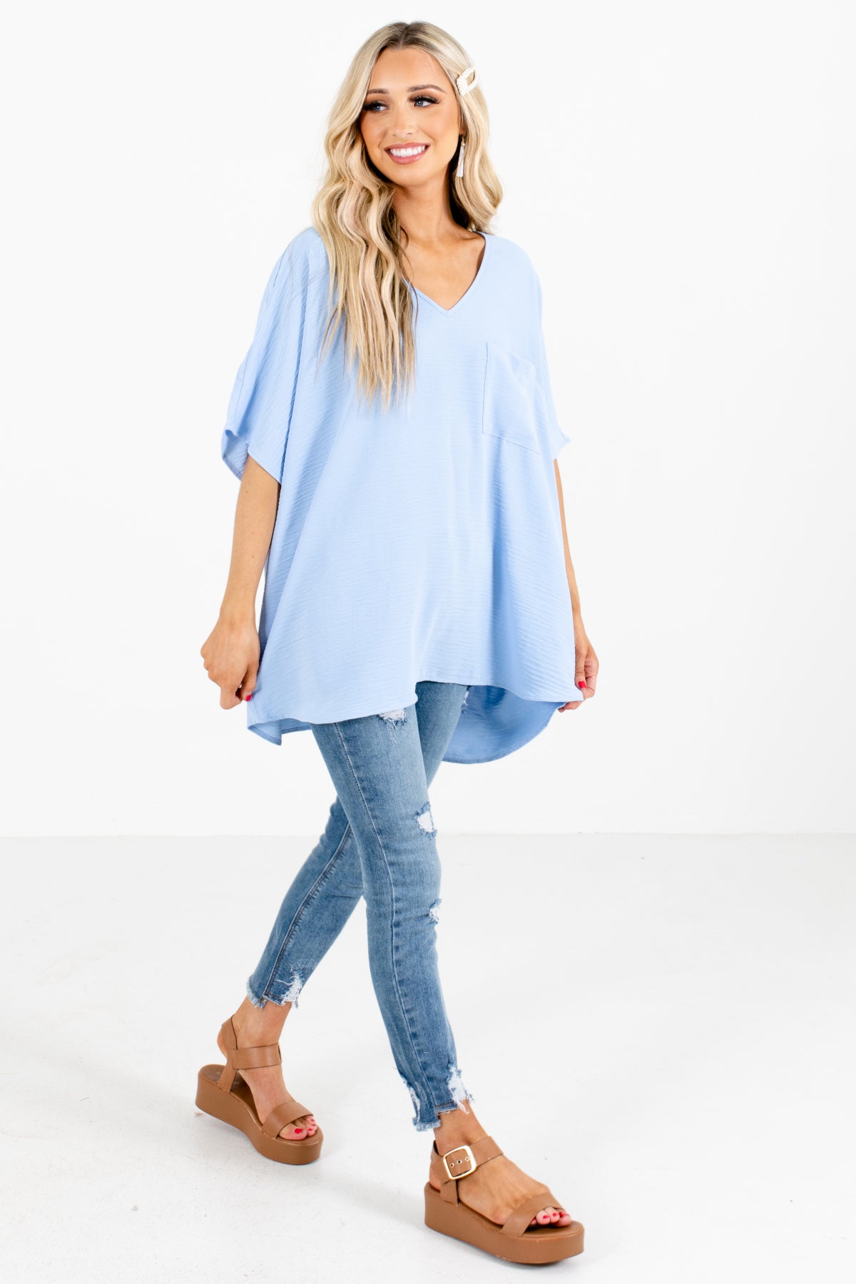 Boutique Oversized Short Sleeve Top in Blue