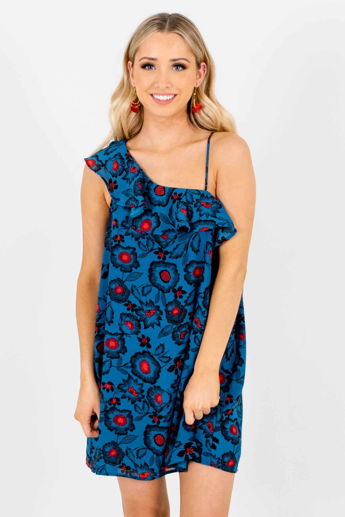 Teal Blue Floral Cute and Comfortable Boutique Mini Dresses for Women