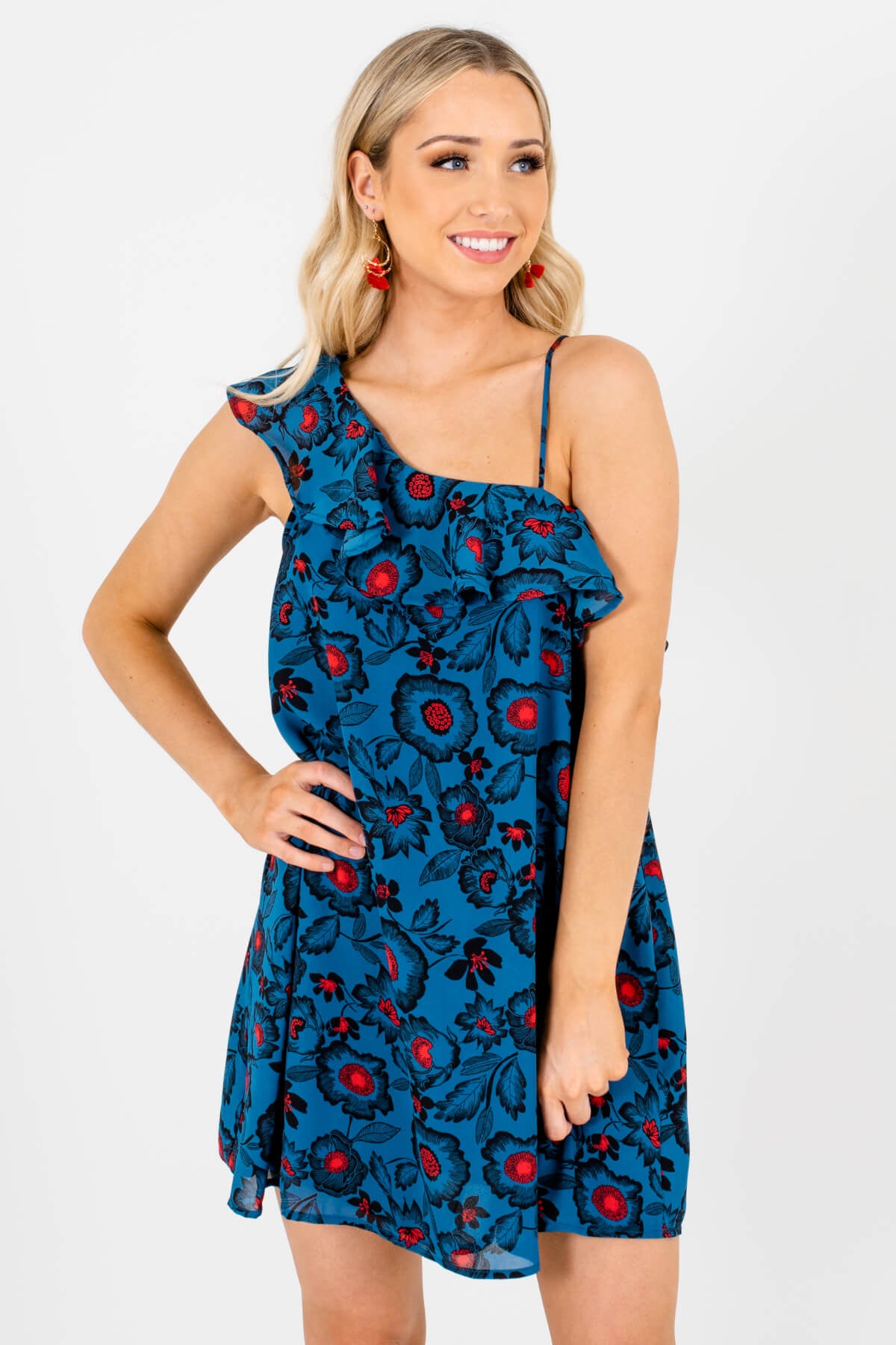 Teal Blue Multicolored Floral Patterned Boutique Mini Dresses for Women