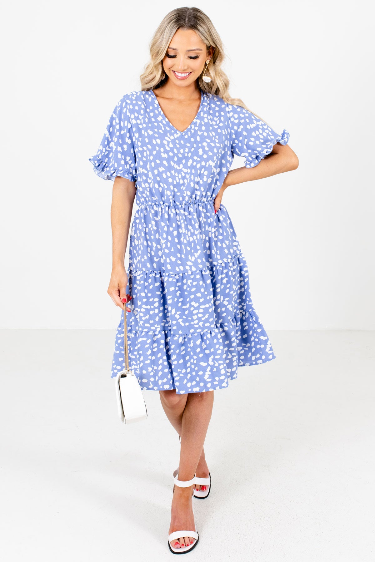 Women's Blue Ruffle Accented Boutique Knee-Length Dress