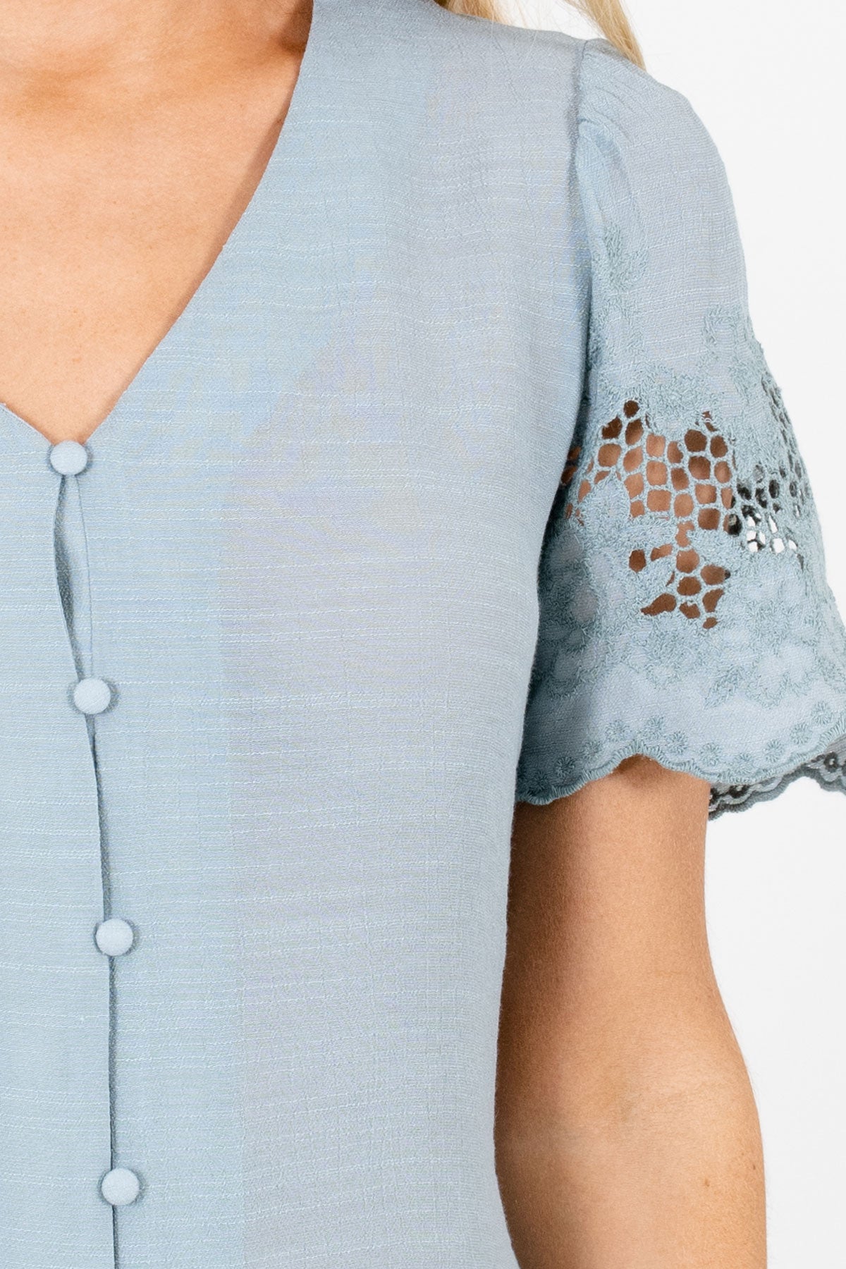 Blue Crochet Embroidered Sleeve Boutique Blouses for Women