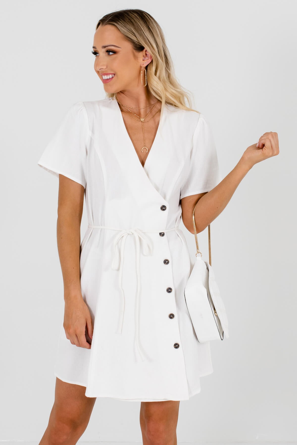 Women's White Waist Tie Detail Boutique Mini Dress
