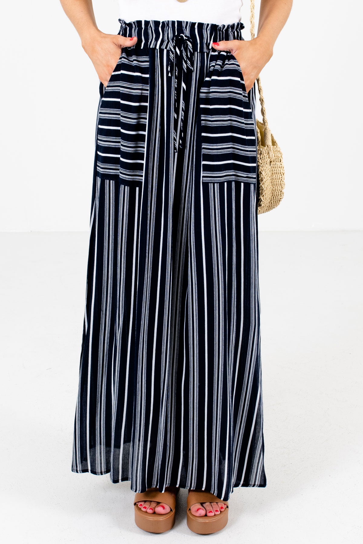 Navy Blue and White Striped Boutique Skirts for Women