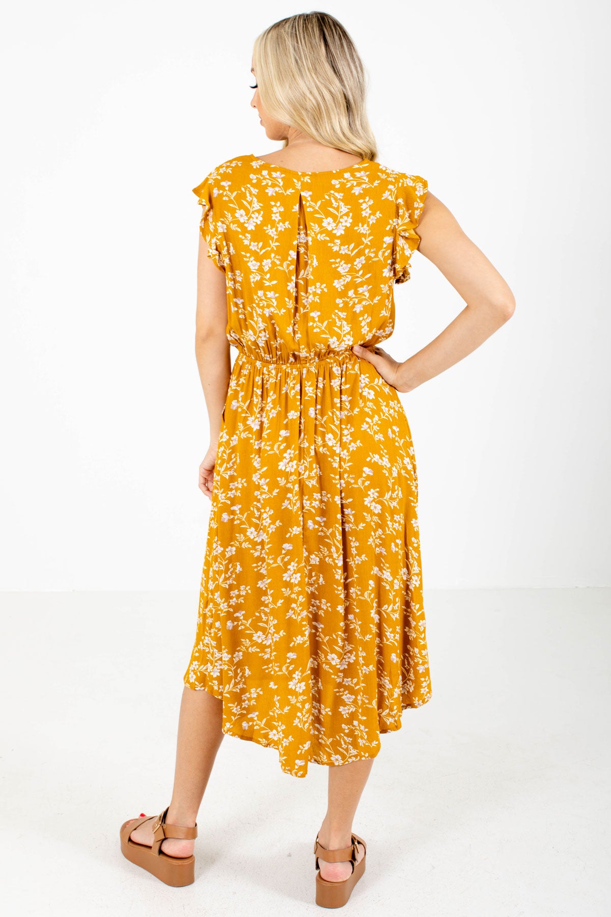 Women's Mustard Yellow Elastic Waistband Boutique Midi Dress