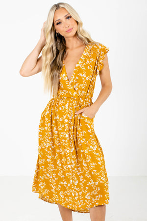 Mustard Yellow Floral Patterned Boutique Midi Dresses for Women