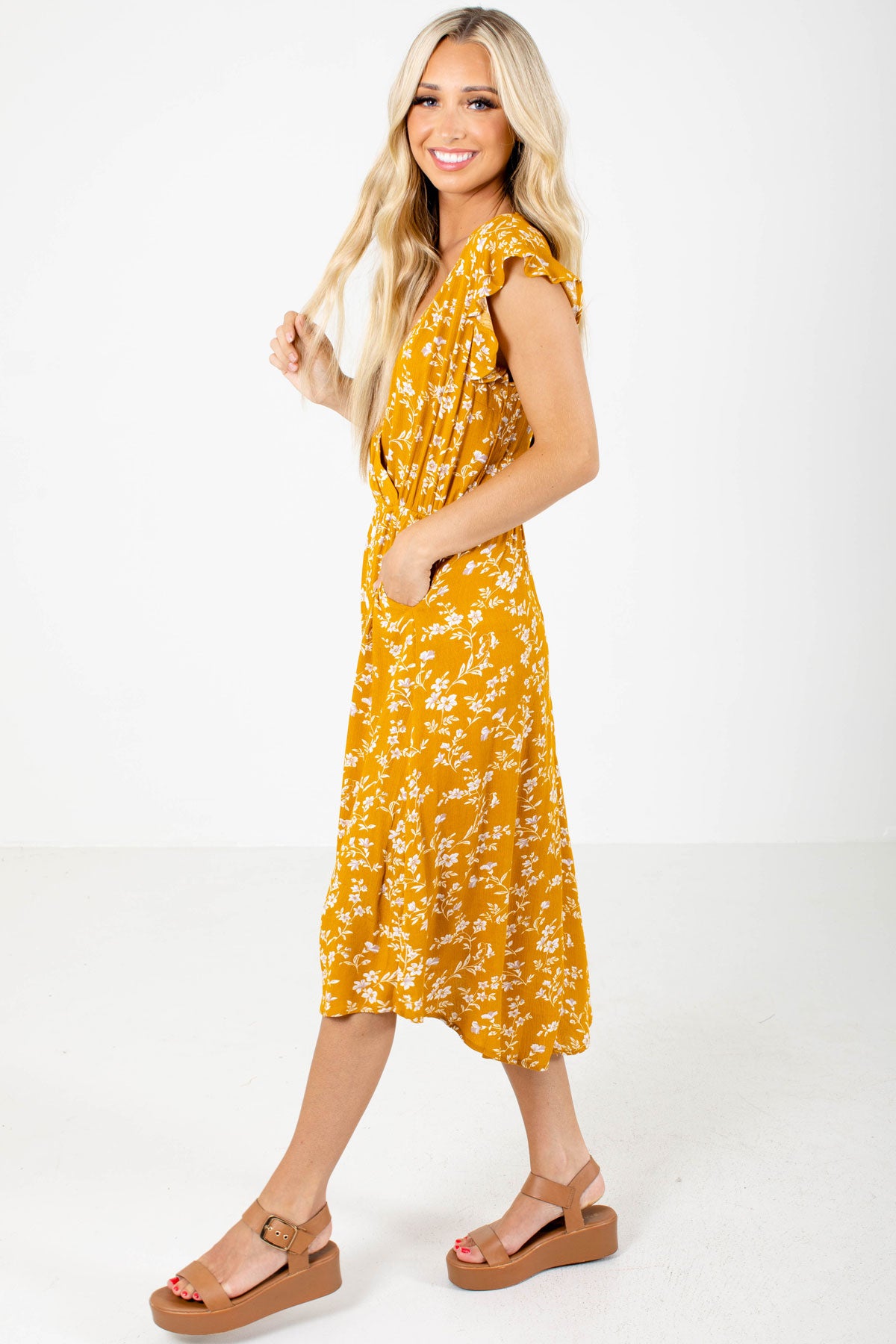 Mustard Yellow Boutique Midi Dresses with Pockets for Women