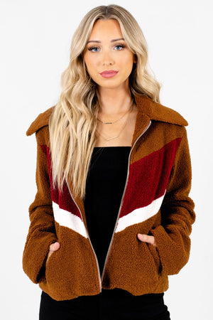 Brown White and Burgundy Color Block Patterned Boutique Jackets for Women