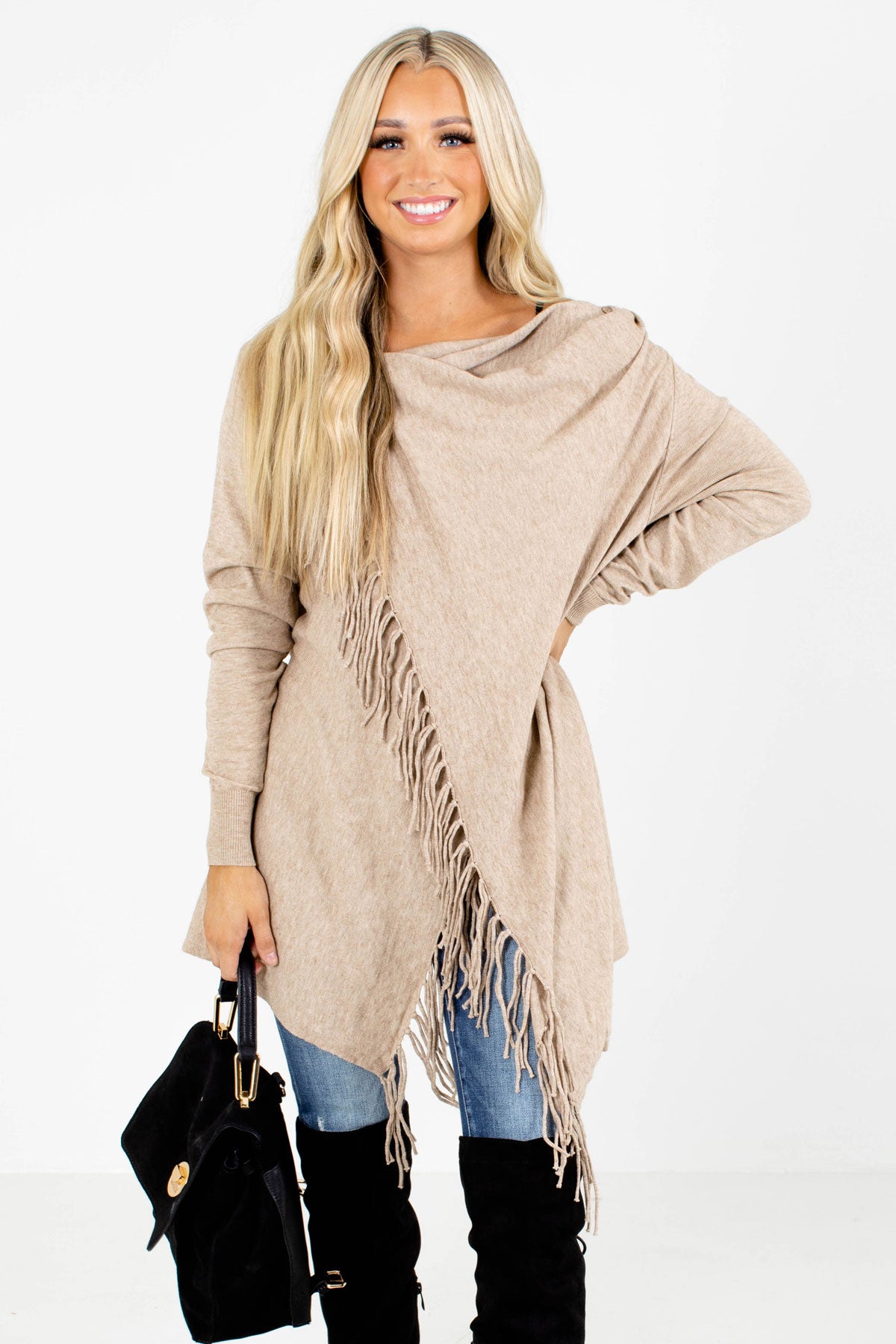 Taupe Brown Fringe Accented Boutique Cardigans for Women