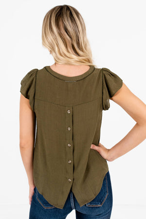 Women’s Olive Green Pleated Sleeve Boutique Blouse