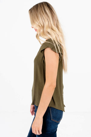Olive Green Circular Crochet Accents Boutique Blouses for Women