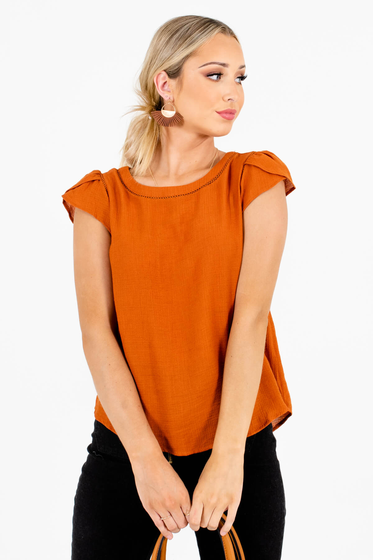 Burnt Orange Button-Up Back Boutique Blouses for Women