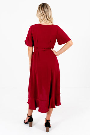 Women's Burgundy Red Ruffled High-Low Hem Boutique Midi Dress