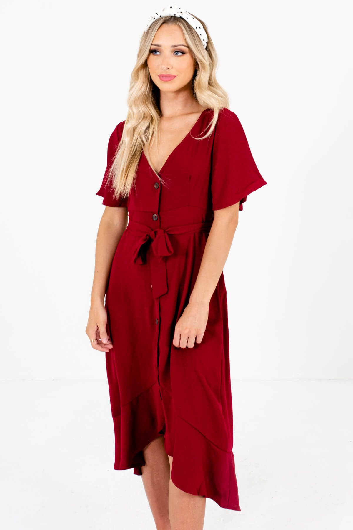 Women's Burgundy Red Flowy Silhouette Boutique Midi Dress
