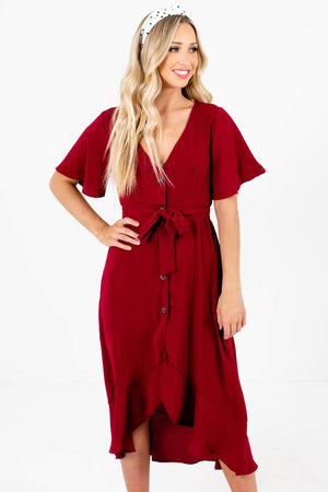 Burgundy Red Button-Up Front Boutique Midi Length Dresses for Women