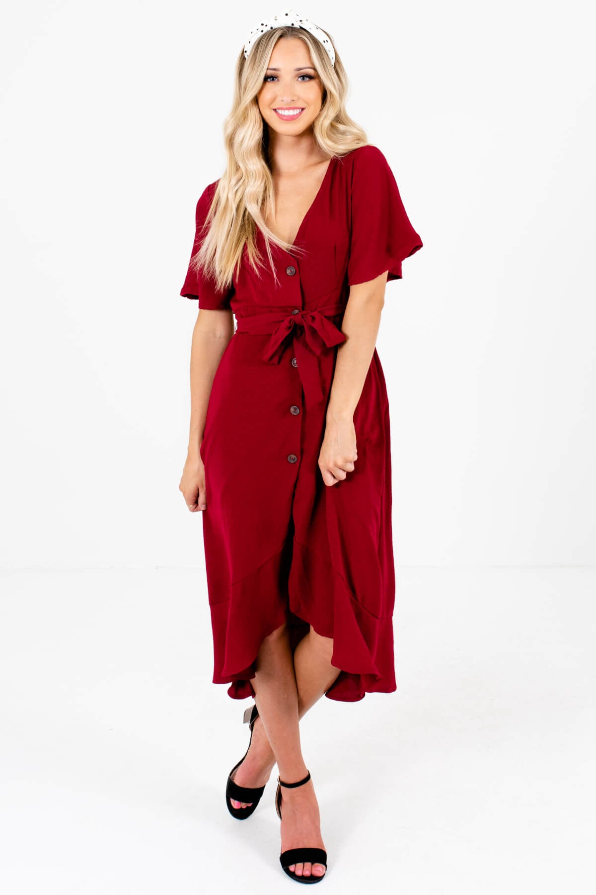 Women's Burgundy Red Ruffle Sleeve Boutique Midi Dress
