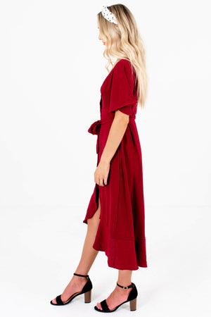 Burgundy Red Waist Tie Detail Boutique Midi Dresses for Women