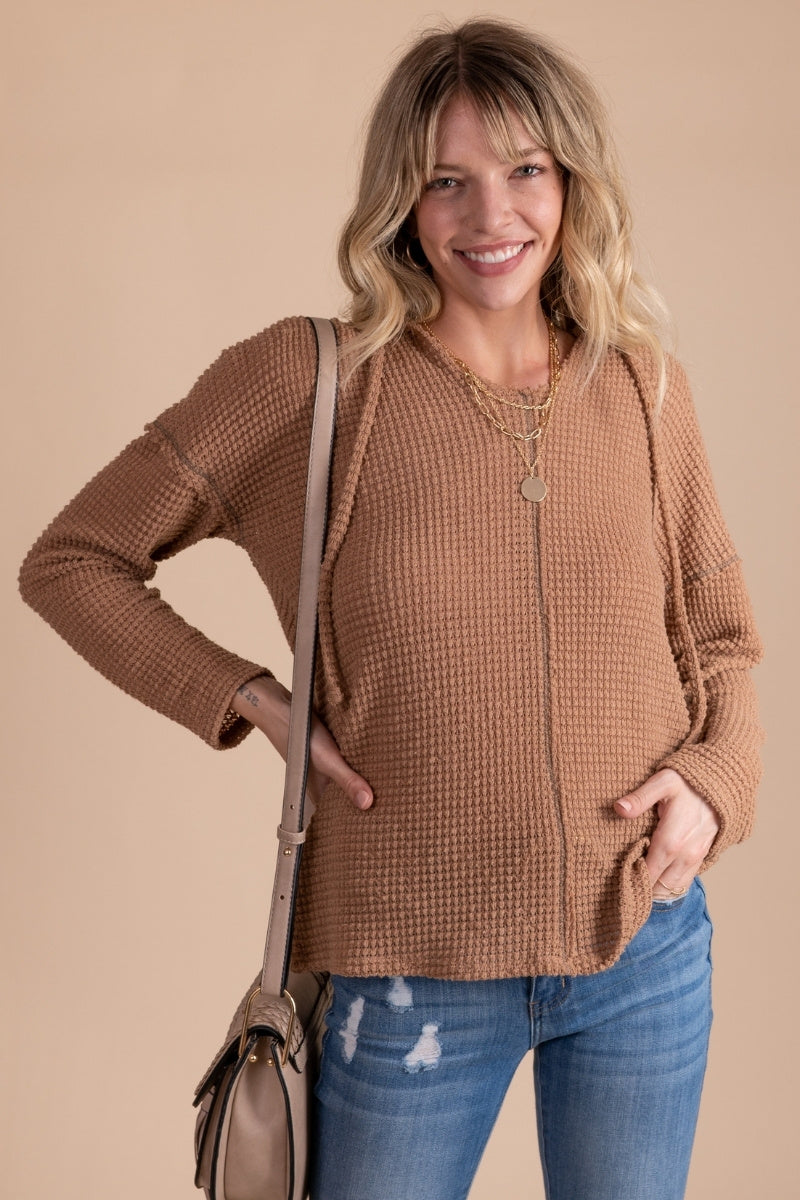Women's Knit Sweater with Hood in Taupe Brown