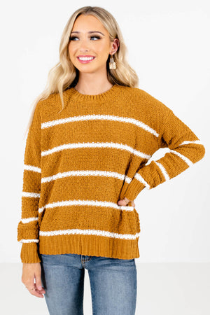 Mustard Yellow and White Stripe Patterned Boutique Sweaters for Women