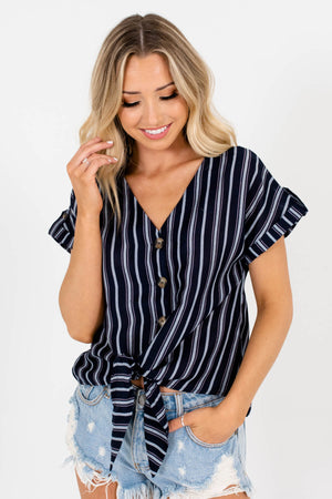 Navy Blue Multicolored Stripe Patterned Boutique Tops for Women