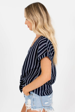 Navy Blue Self-Tie Front Detail Boutique Tops for Women