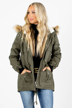 Green Faux Fur Lined Boutique Coats for Women