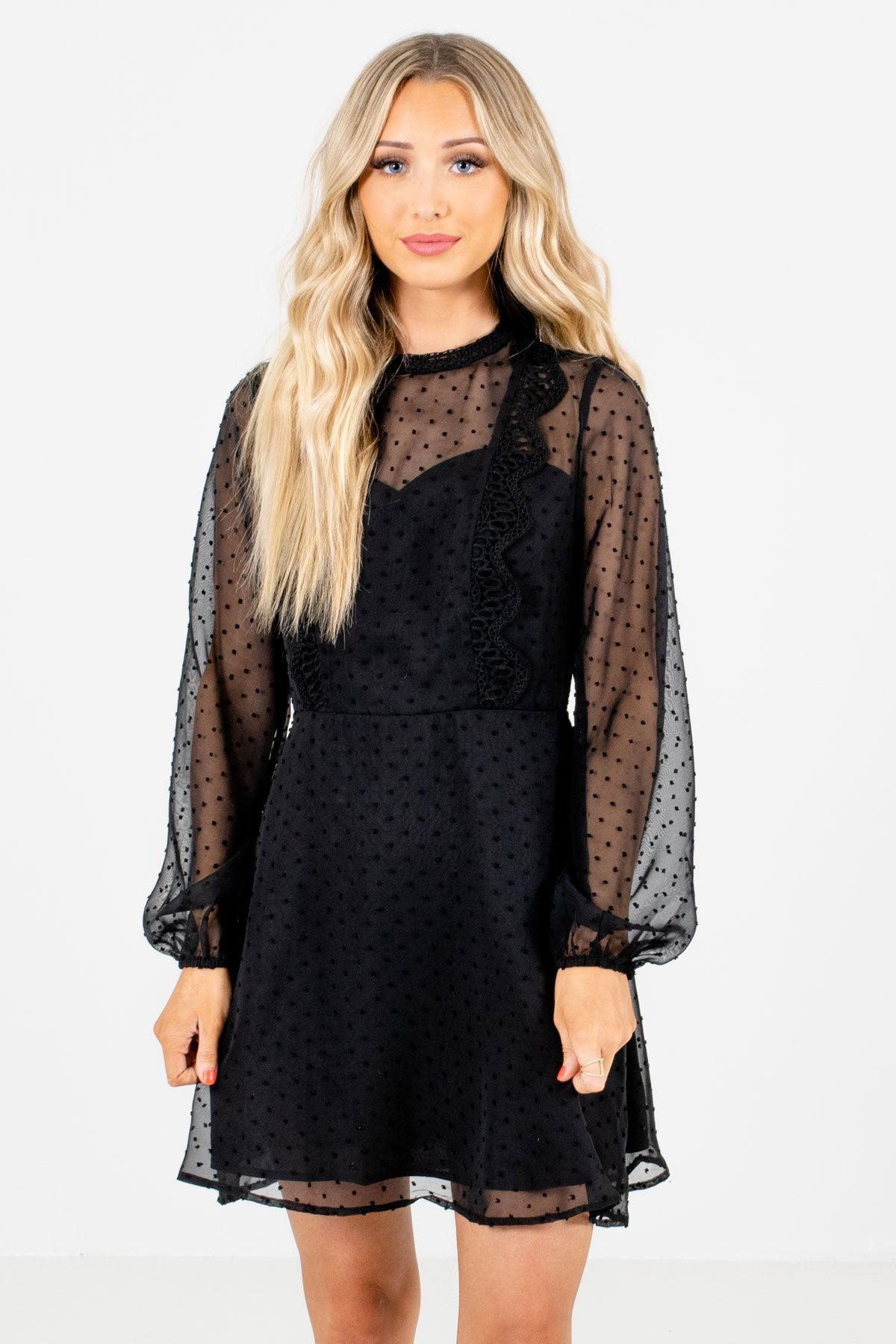 Black Polka Dot Textured Material Boutique Mini Dresses for Women