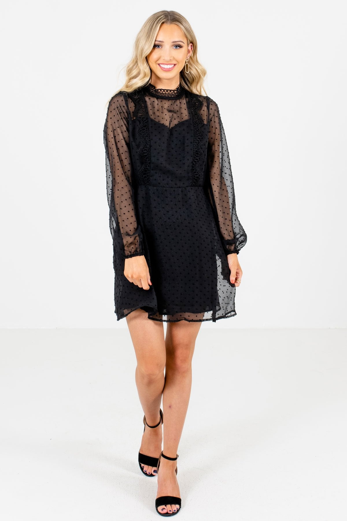 Women's Black High Round Neckline Boutique Mini Dress