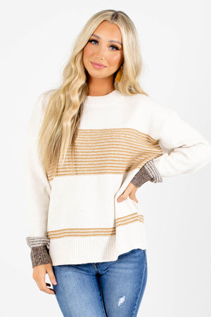 Cream Mustard and Brown Striped Boutique Sweaters for Women