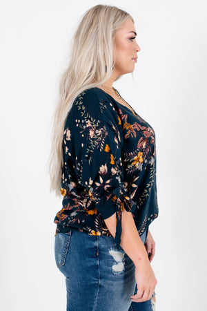 Dark Teal Floral Print Tie Sleeve Tops Affordable Online Boutique