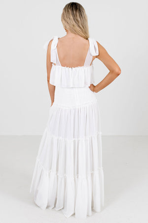 Women's White Self-Tie Strap Boutique Maxi Dresses