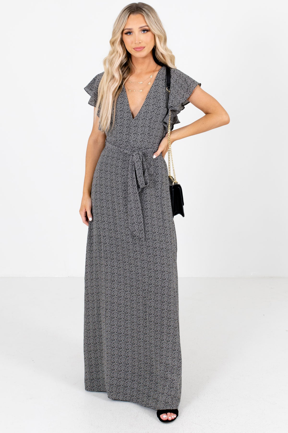 Black and White Abstract Polka Dot Patterned Boutique Maxi Dresses for Women