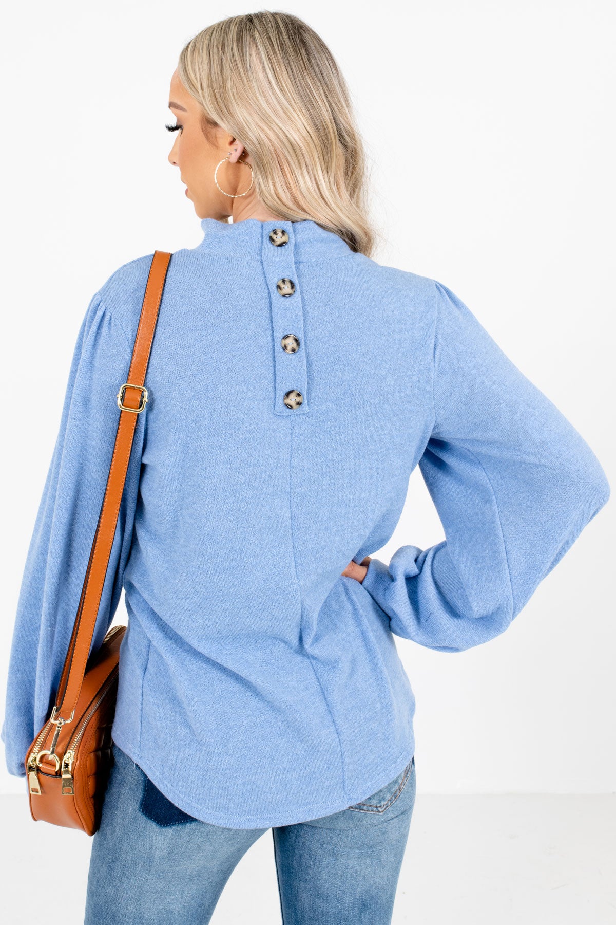 Women's Blue Button-Up Back Neckline Boutique Top